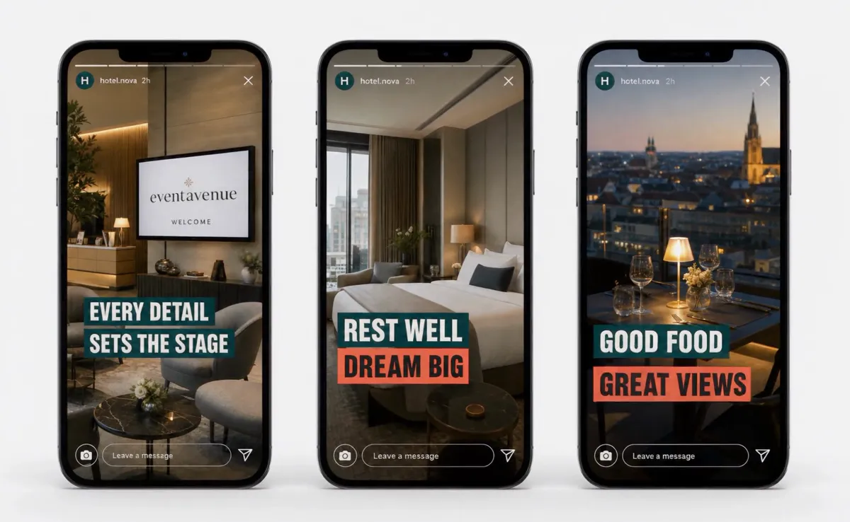 Three phones showing a hotel's stories: a suite with the lobby screen welcoming guests, a city-view bedroom reading rest well dream big, and a rooftop table at dusk reading good food great views.